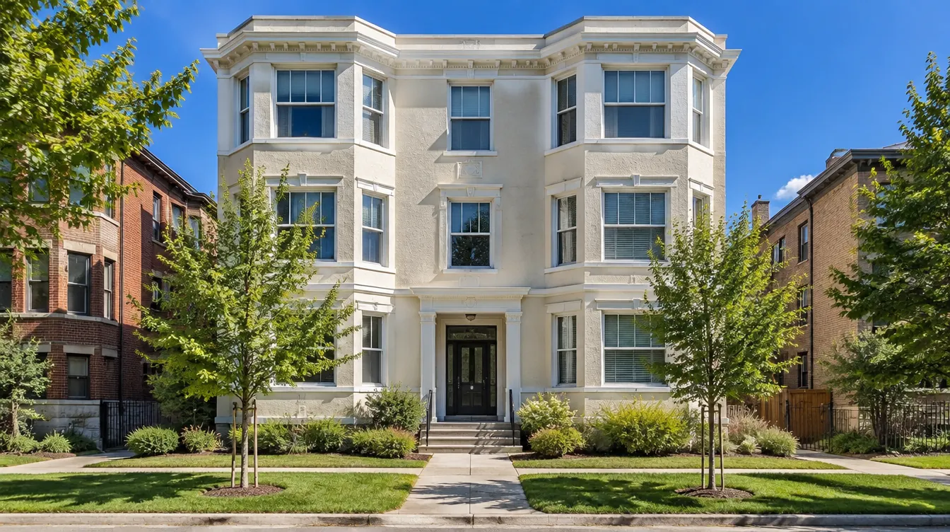 Cream stucco Denver apartment building where bed bugs can spread between units