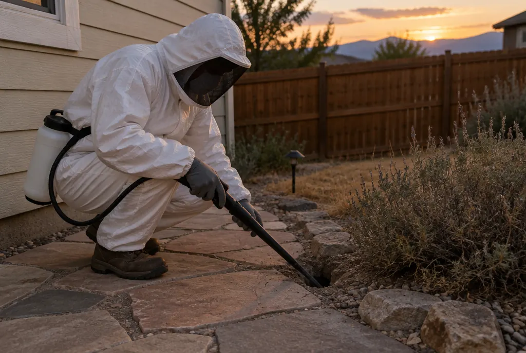 Suited pro treating a ground yellow jacket nest at dusk in a Denver backyard
