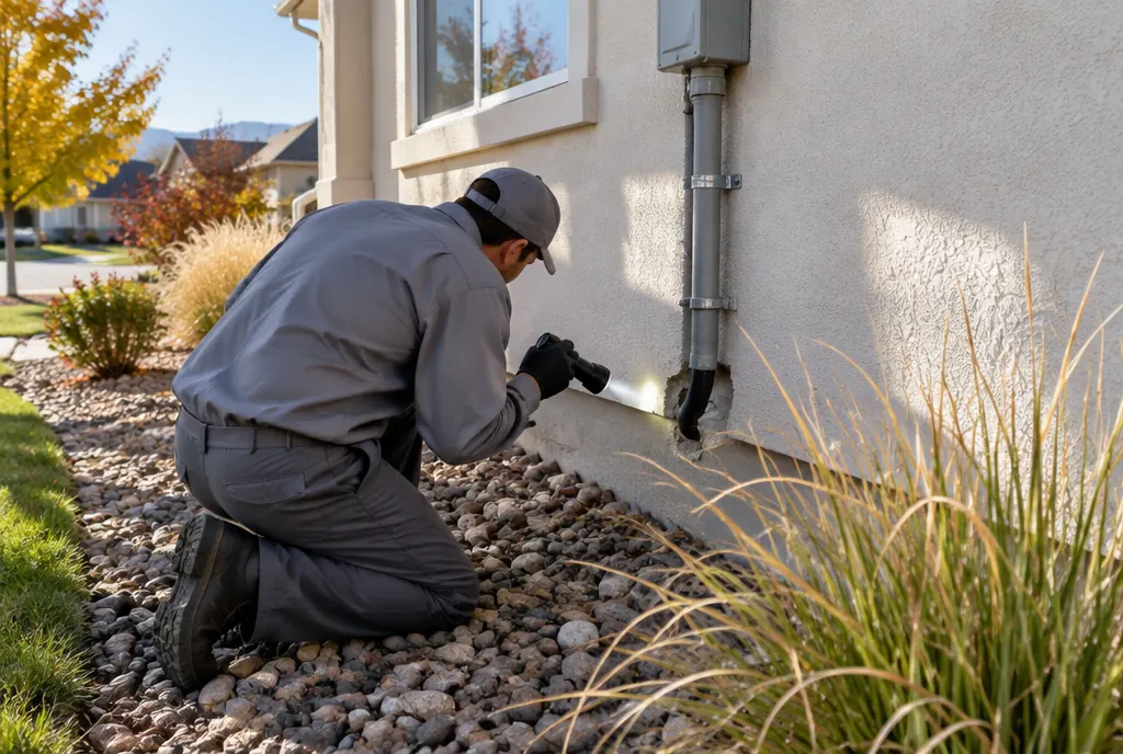 Technician checking a foundation gap on a cream stucco Denver-area home