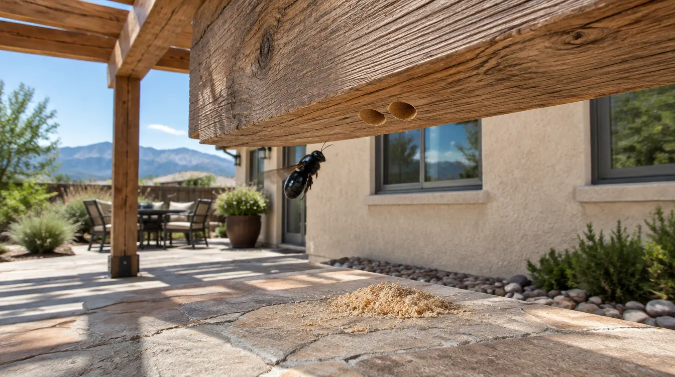 Carpenter bee holes in a cedar pergola beam behind a Denver home