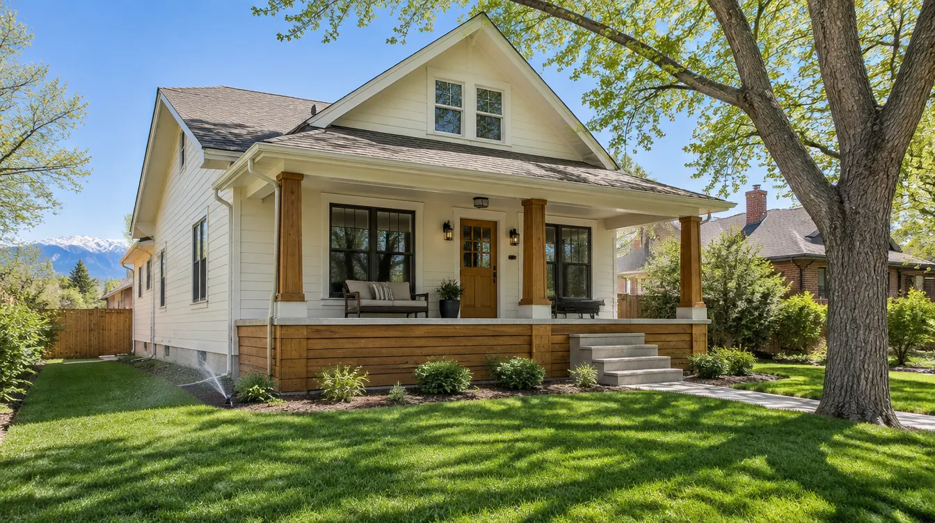 Cream-sided Denver bungalow with a wood porch near irrigated soil, a termite risk area